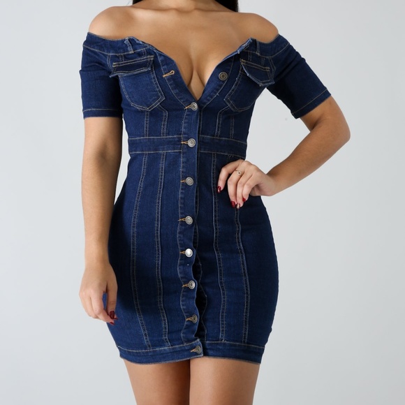 Hot Miami Styles Dark Denim Buttoned Dress - Picture 2 of 4